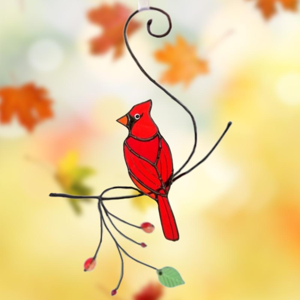 Red Bird Stained Glass Suncatcher Cardinal Window Hanging Ornament