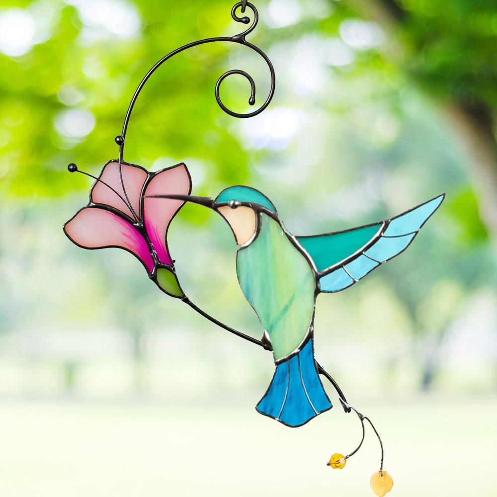 Glass Blue Bird Suncatcher with Flower - Unique Window & Wall Hanging Gift for Bird Lovers