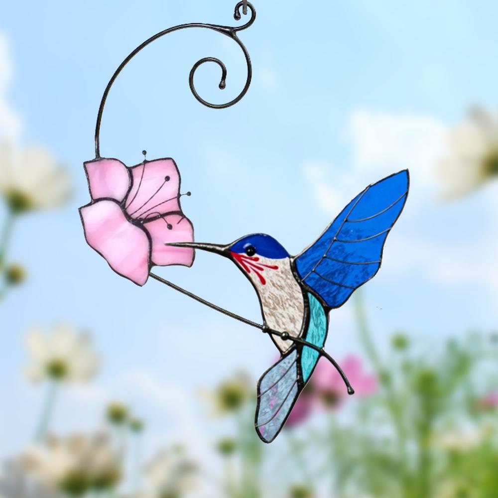 Bluebird with Flower Glass Suncatcher – Elegant Hanging Decoration