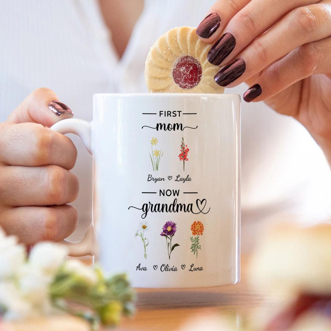 Personalized First Mom Now Grandma Mug Birth Flowers Ceramic Mug for ...