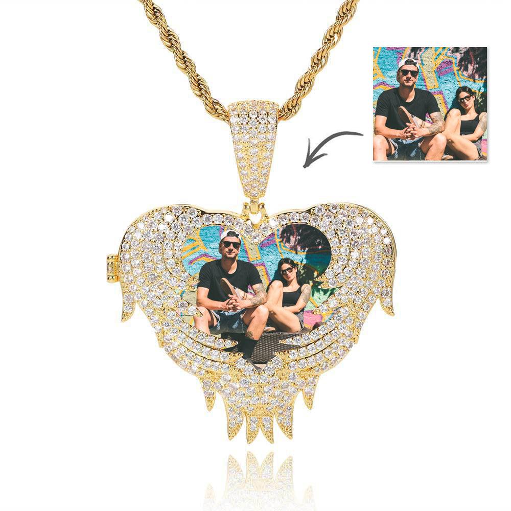 Custom Photo Zircon Necklace Angel Wings Shaped Pendant Necklace Gift for Couple
