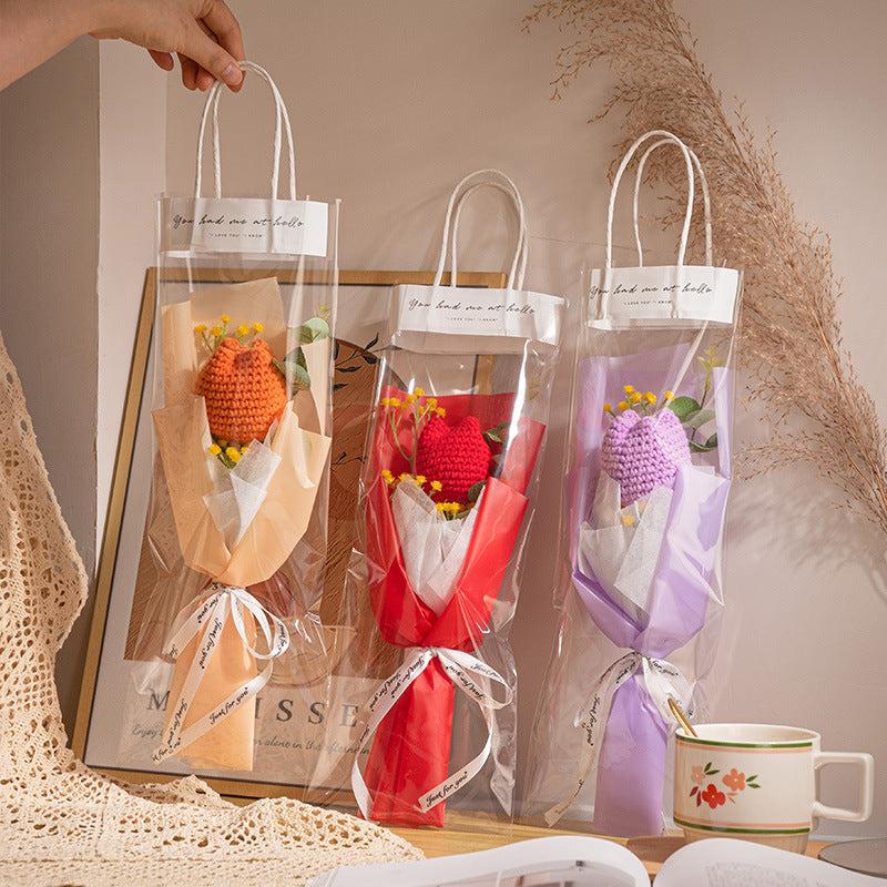 Crochet Flowers Bouquet Handmade Knitted Tulip Carnation Bouquet with Light Strip Gift for Her