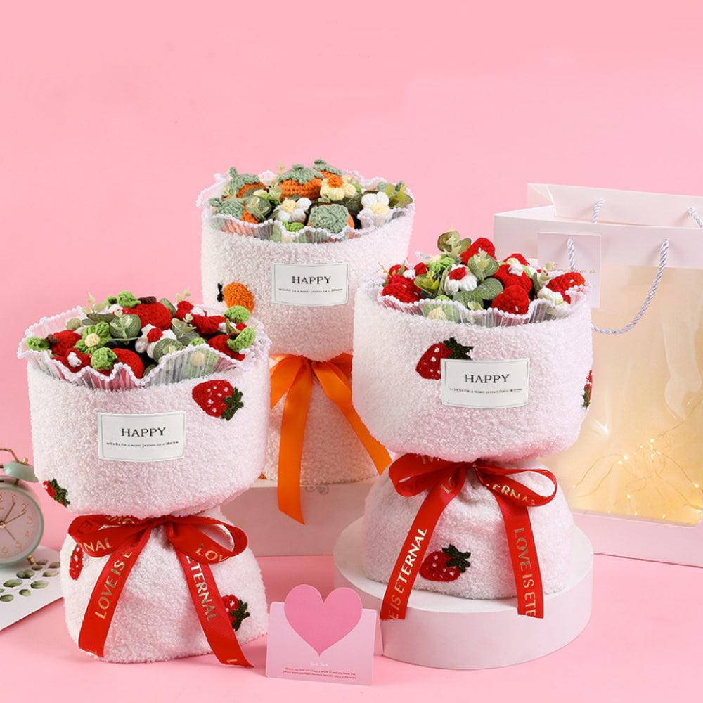 Crochet Flowers Bouquet Handmade Knitted Strawberry Bouquet with Light Strip Gift for Lovers
