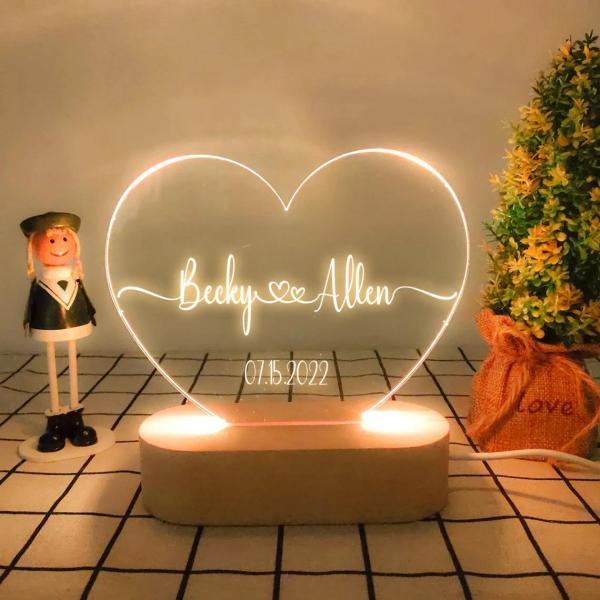 Heart Shaped Acrylic Plaque Personalized Name and Date Night Light