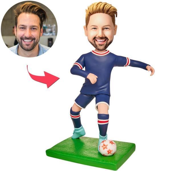 Soccer Player Wearing Blue Uniform Custom Bobblehead Engraved with Text