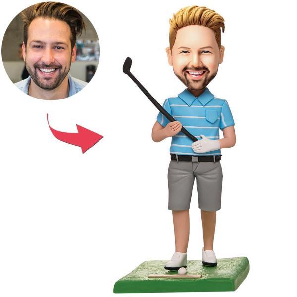 Personalized Male Golfer Posing Golf Bobblehead With Engraved Text