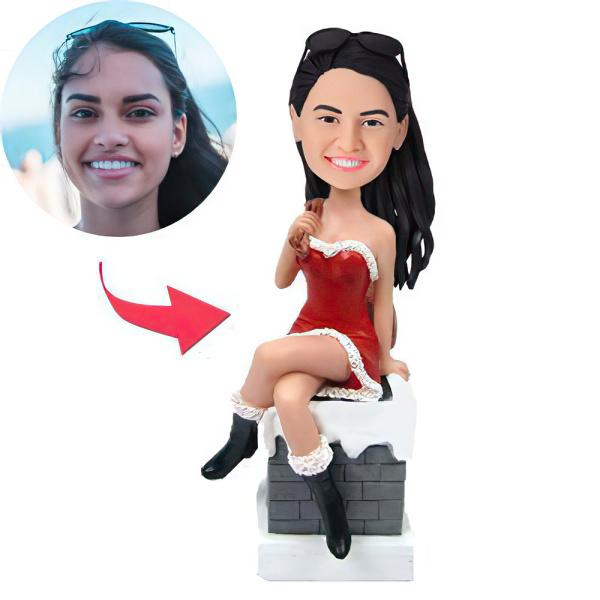Christmas Sexy Lady Sitting on Chimney Custom Bobblehead with Engraved Text