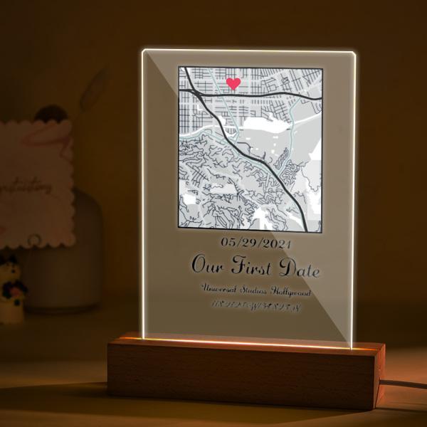 Personalized Acrylic Map Plaque Night Light with Text and Date