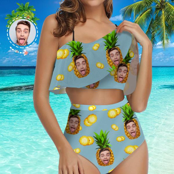 Custom Face Swimsuit Women's Ruffle Summer High Waisted Bikini Gift For Women - Pineapple