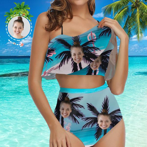 Custom Face Ruffle Summer Bikini High Waisted Women Bathing Suits- Beach