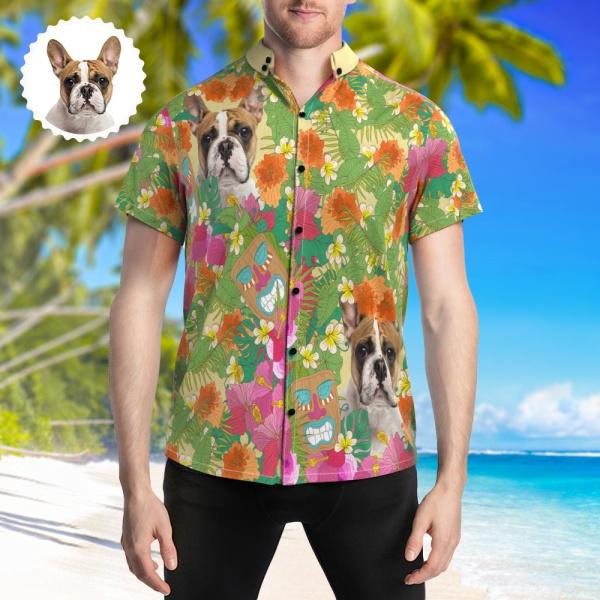 Custom Pet Face Hawaiian Shirt Floral Print Button Up Beach Shirts