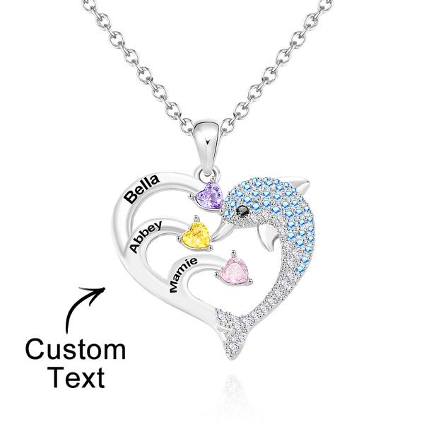 Custom Engraved Three Names Necklace Personalized Birthstone Dolphin Heart Pendant Necklace
