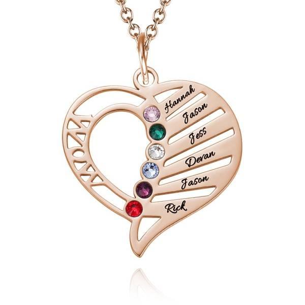 Engraved Family Name Necklace Custom Heart Birthstone Necklace for Mom