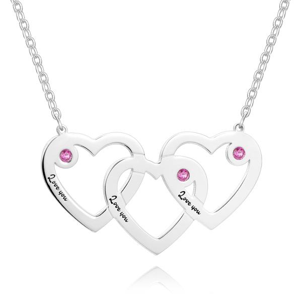 S925 Silver Custom Triple Heart Engraved Name Necklace With Three Birthstones