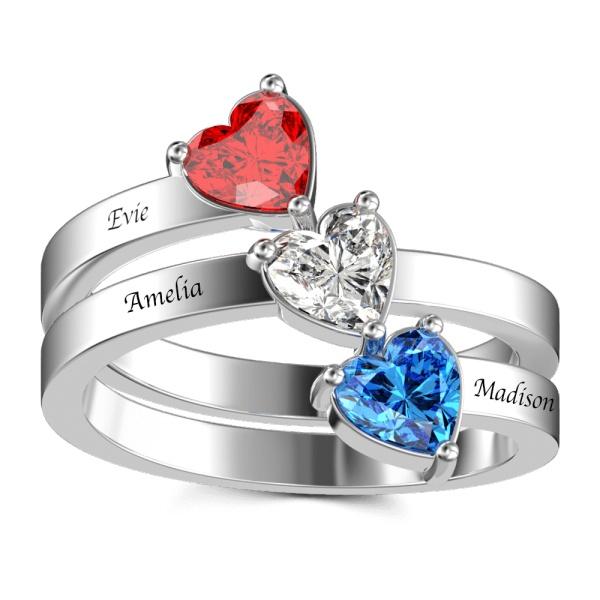 Personalized Engraved Three Name Heart Birthstone Promise Ring S925 Silver