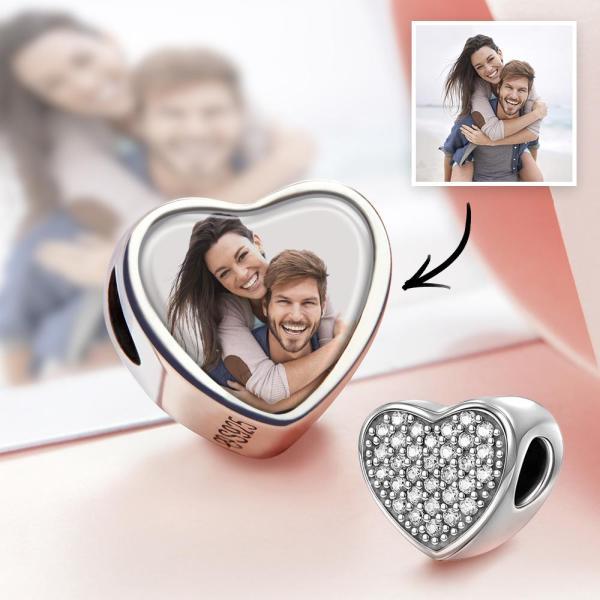 Custom Heart Photo Charm Personalized Picture Bead with Pave CZ