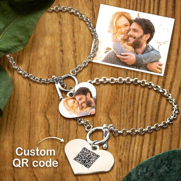 Custom QR Code Bracelets Personalised Photo Bracelet with Heart Pendant