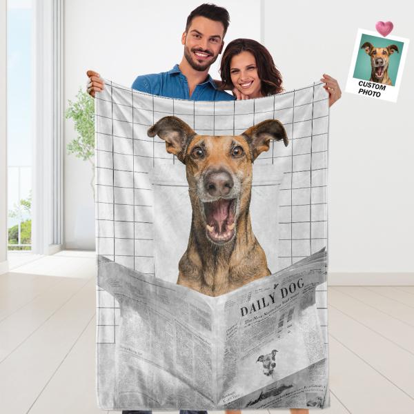 Custom Funny Pet Portrait Blanket Dog Read Newspaper in Toilet Blanket for Pet Lover