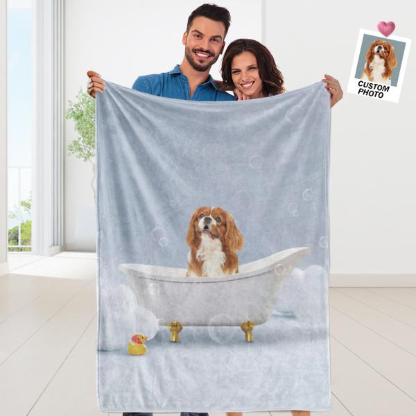 Personalized Pet Portrait Blanket Custom Dog in Bathtub Photo Blanket
