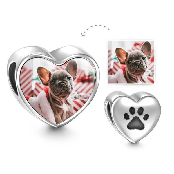Paw Print Custom Heart Photo Charm Bead Pendant Silver