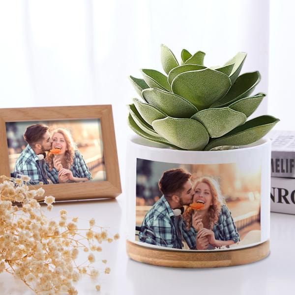 Custom Photo Ceramic Flower Pot Personalized Modern Succulent Planter Pots with Bamboo Tray