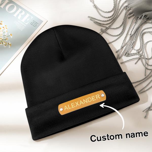 Custom Name Leather Patch Beanie Personalized Adult Winter Hat