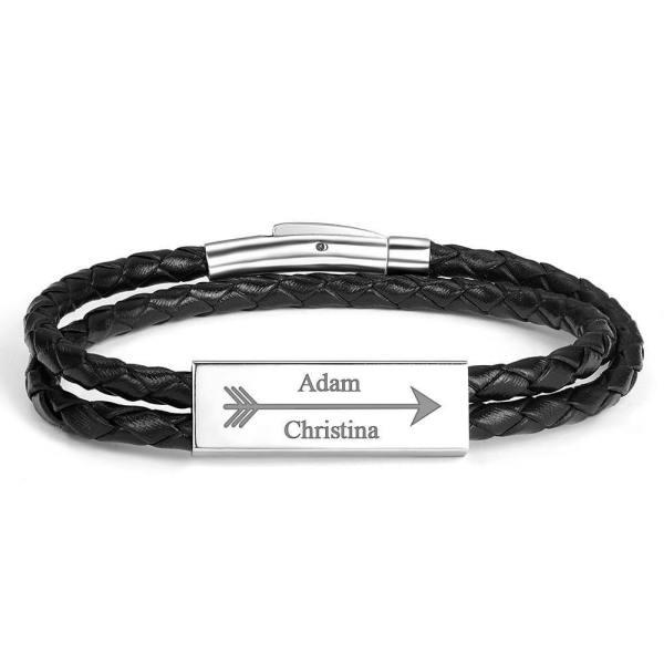 Men's Engraved Name Bracelet Custom Cable Leather Wrap Bracelet