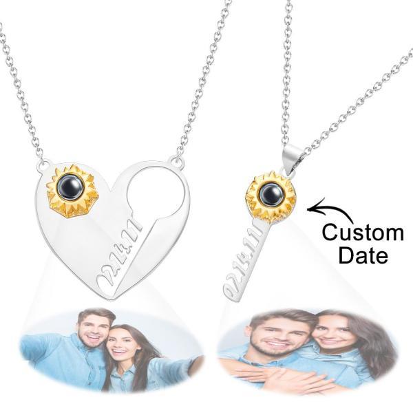 Custom Projection Necklace Personalized Date Key of Heart Couple Necklace