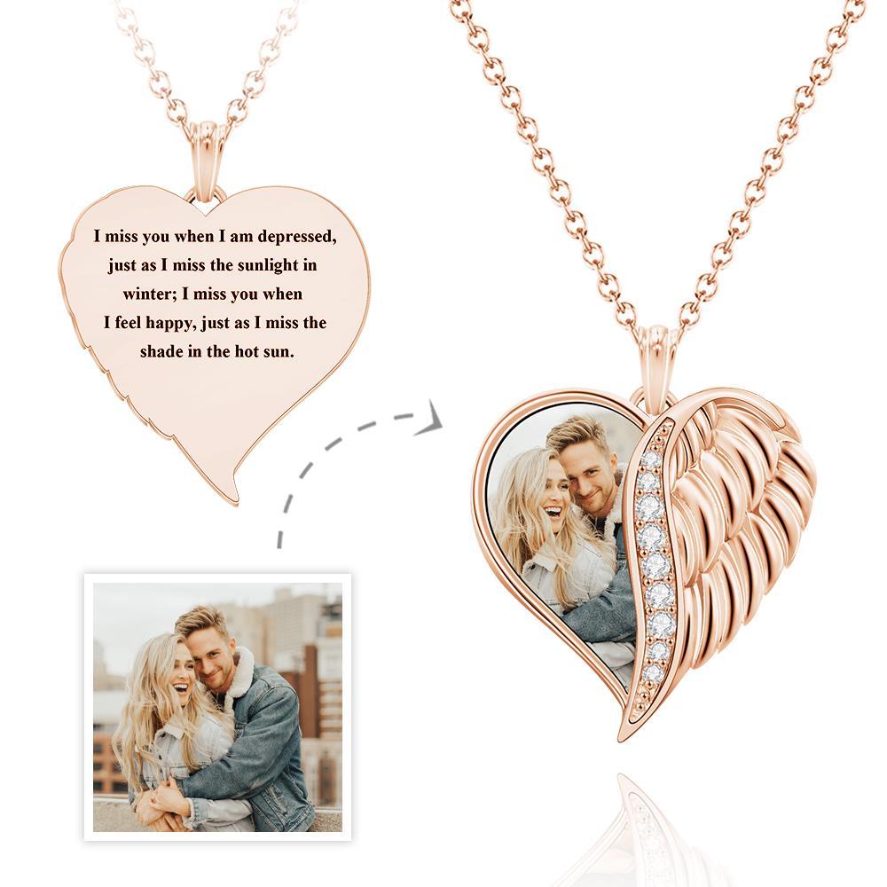Custom Angel Wings Heart Necklace with Photo and Text