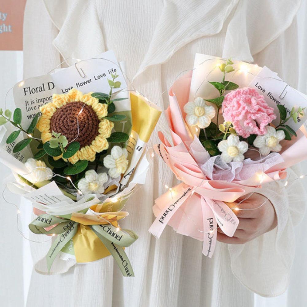 Crochet Flowers Bouquet Handmade Knitted Bouquet with Light Strip Gift for Teacher Mother Lover