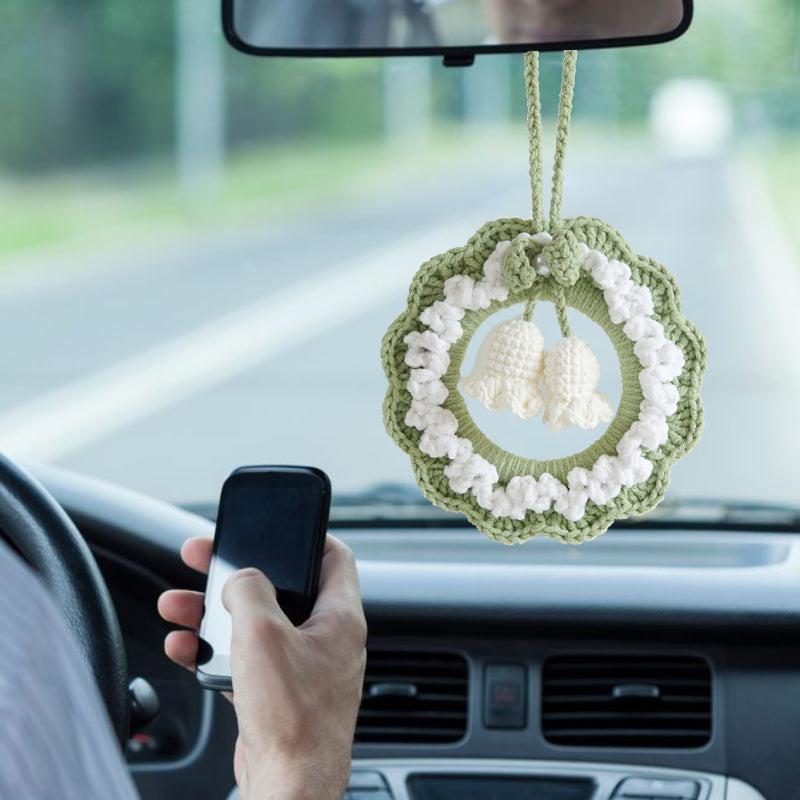 Crochet Flower Car Mirror Hanging Plant Knitted Flowers Car Decor Accessories