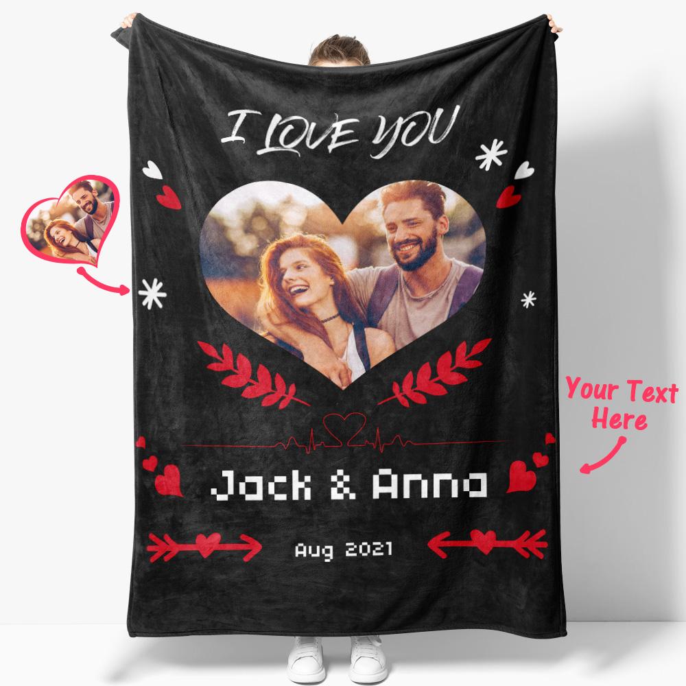 I Love You Custom Heart Shaped Photo Blanket Personalized Couple Blankets